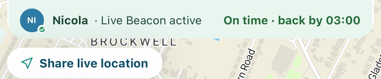 The Live Beacon bar across the top of the recording screen: the contact holding the link, that the Beacon is active, the expected return time, and a Share live location button.