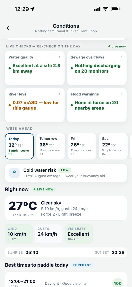 The conditions screen scrolled down: live checks for water quality, sewage, river level and flood warnings, a week-ahead row, cold-water risk, and current weather.