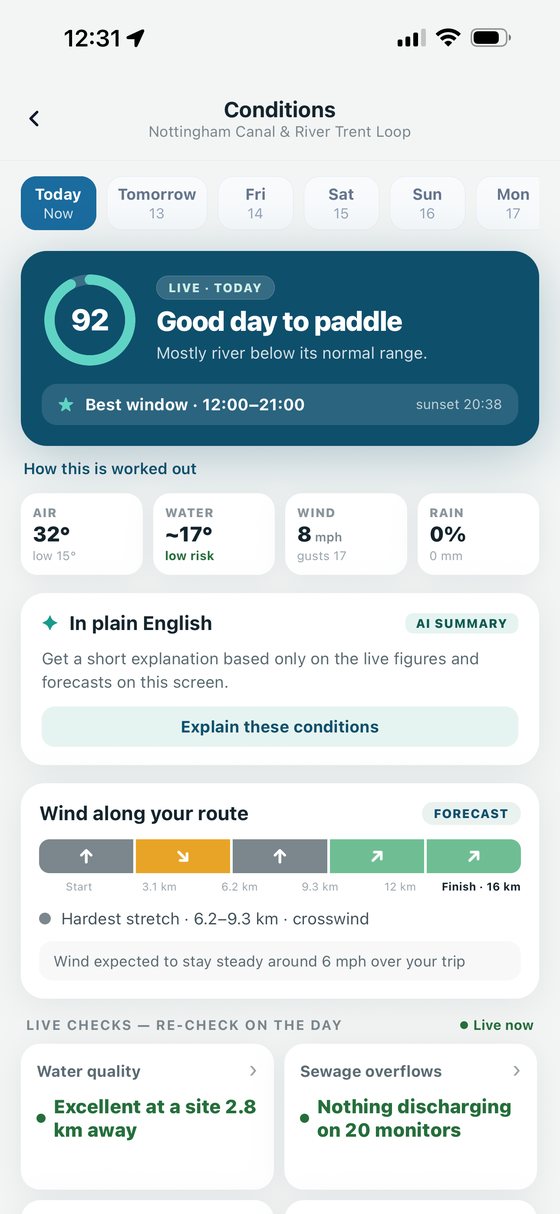 The conditions screen for a route: a score for the day, wind along each section of the route, and live water checks.