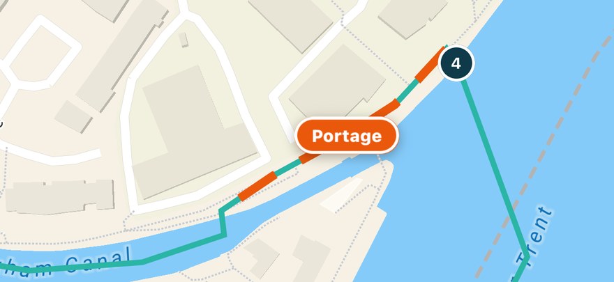 A close-up of the route map with a portage drawn as an orange dashed line along the bank, labelled Portage, between the canal and the river.