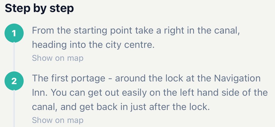 Numbered step-by-step directions for a route, describing which way to turn out of the start and how to portage around the first lock.