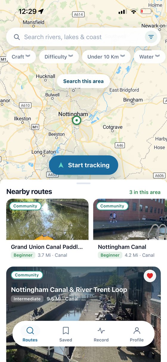Finding a route on iOS: the map with nearby routes listed underneath.