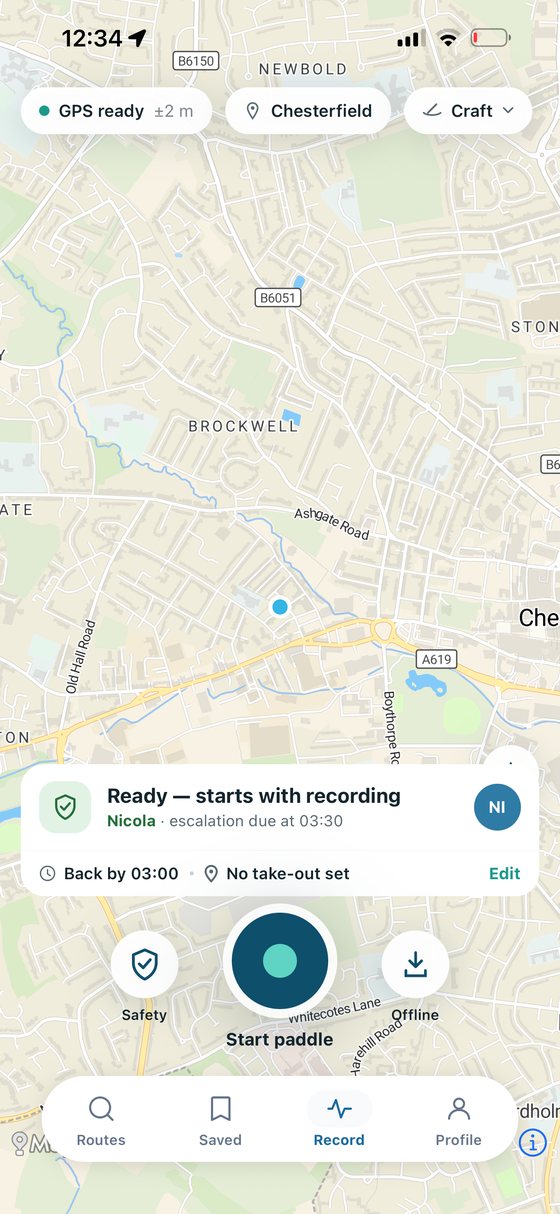 The record screen with a float plan armed: the chosen contact, the expected return time, and when the alert would go out.