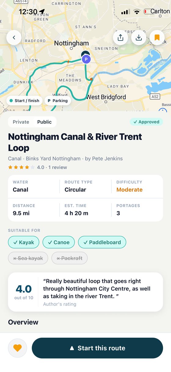A route's detail screen: the line on the map, parking and start markers, then distance, estimated time, portages, which craft it suits, and a paddler's review.