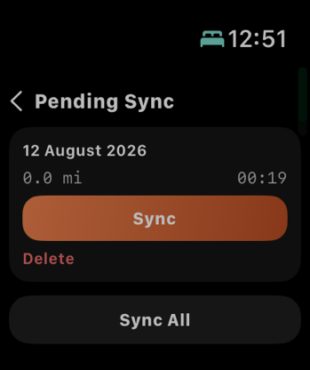 The Apple Watch pending sync list, holding a finished paddle with Sync and Sync All actions.