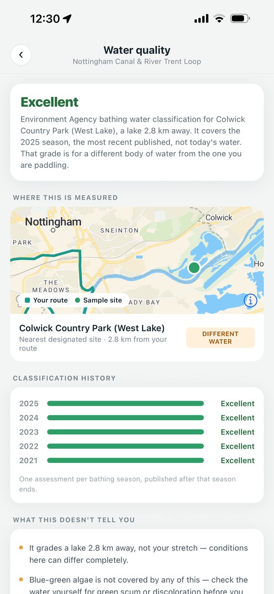 A water quality screen: an Environment Agency bathing water classification, where it was sampled, five years of history, and a note that it grades a different body of water.